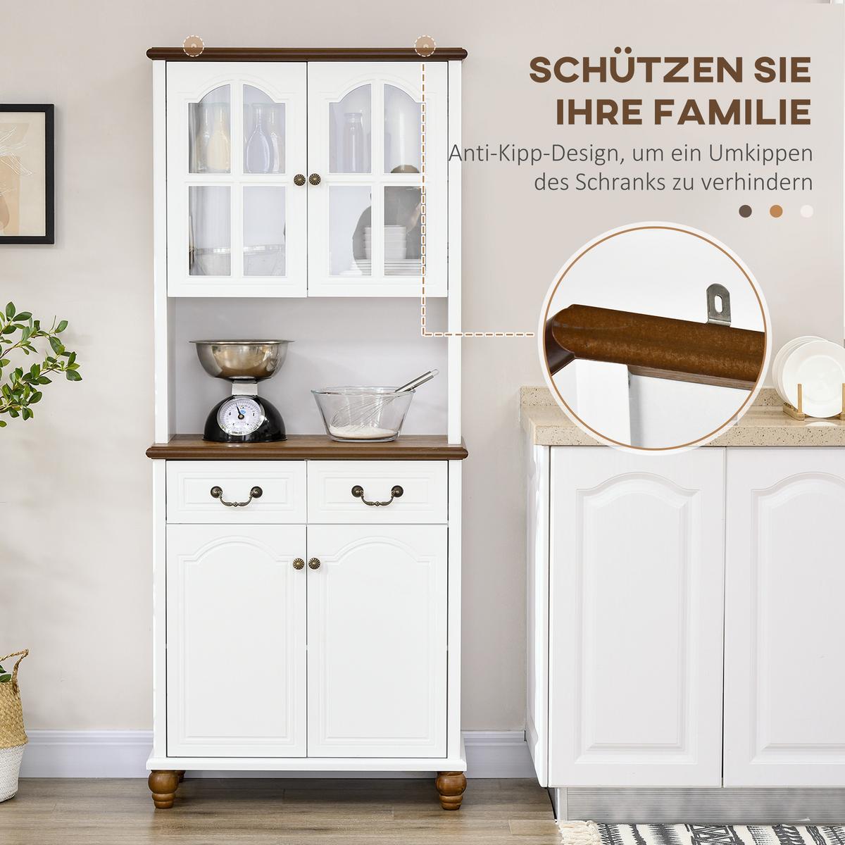 KÜCHENSCHRANK, Küchenbuffet mit 2 Schubladen, 4 Türen, offenem Fach, Hochschrank - Dunkelbraun/Weiß, Holzwerkstoff/Metall (38/182/76cm) - HOMCOM