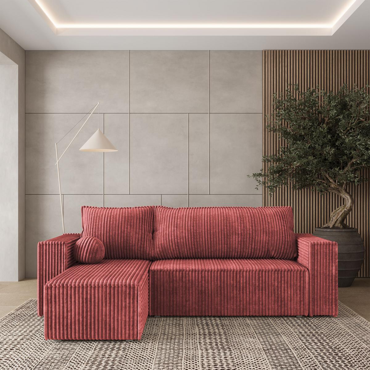 ECKSOFA RAVELO T Rosa Kordstoff mit Schlaffunktion - Rosa/Grau, Holz/Kunststoff (240/140cm) - MASSENO