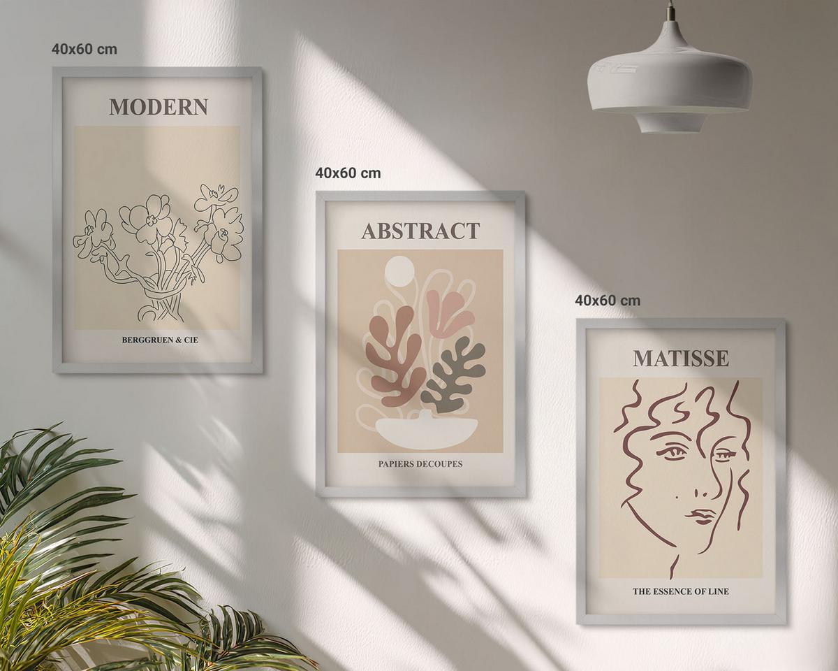 BILDER SET 3er Set - 40x60 cm Silberner Rahmen - Moderne Pflanzenlinien - Silberfarben, Kunststoff (40/60cm) - TULUP