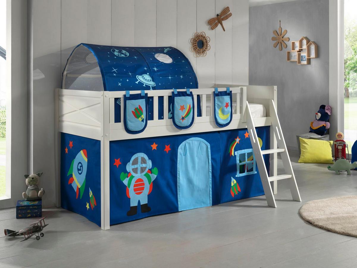 KINDERBETT Karyl 208x114x135 Massivholz Weiß Textilset Astro 4 - Blau/Weiß, Holz (90/200cm) - 58aufmkessel
