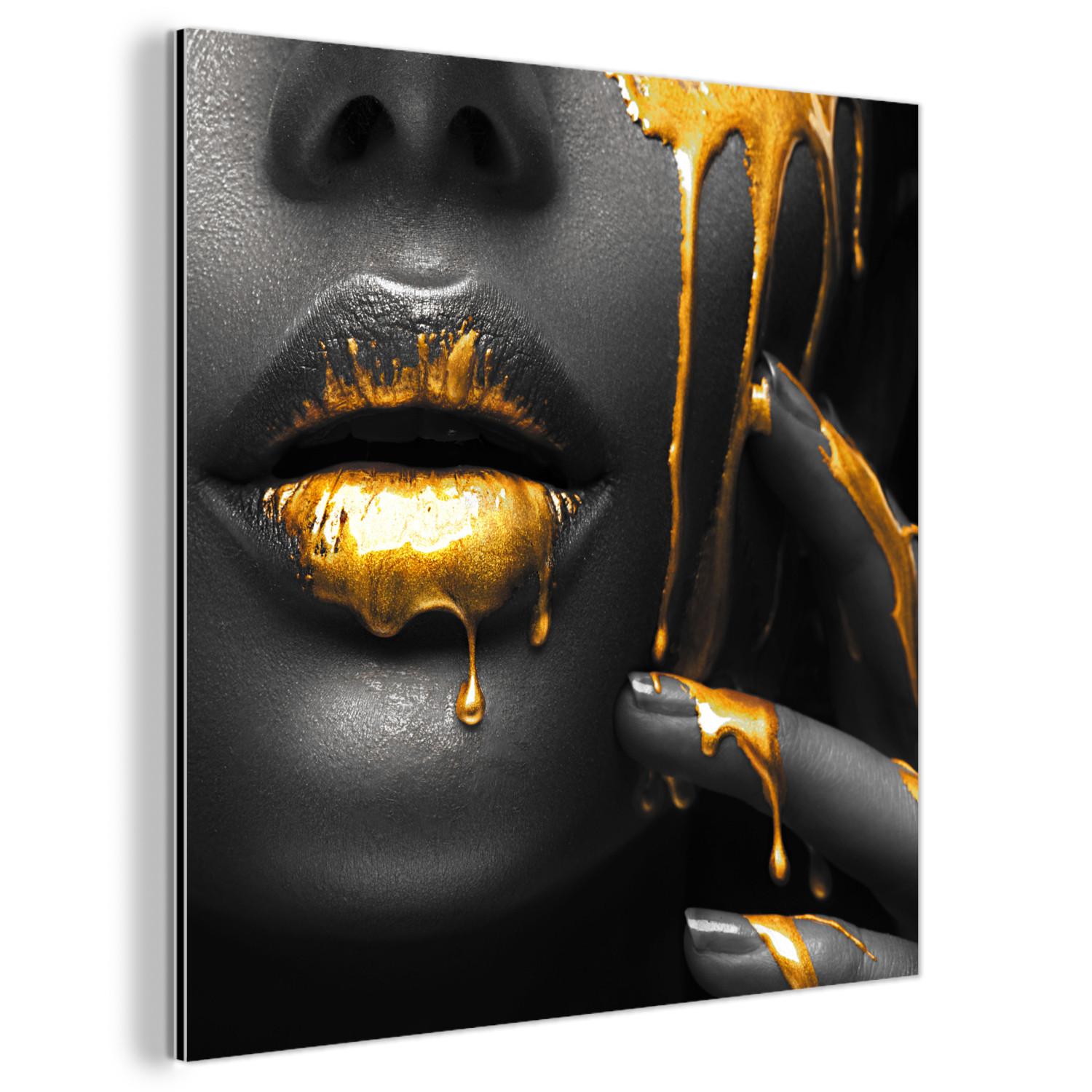METALLBILD Frau - Schwarz - Gold - Gesicht - Lippen 90x90 cm - Goldfarben, Metall (90/90cm) - MuchoWow