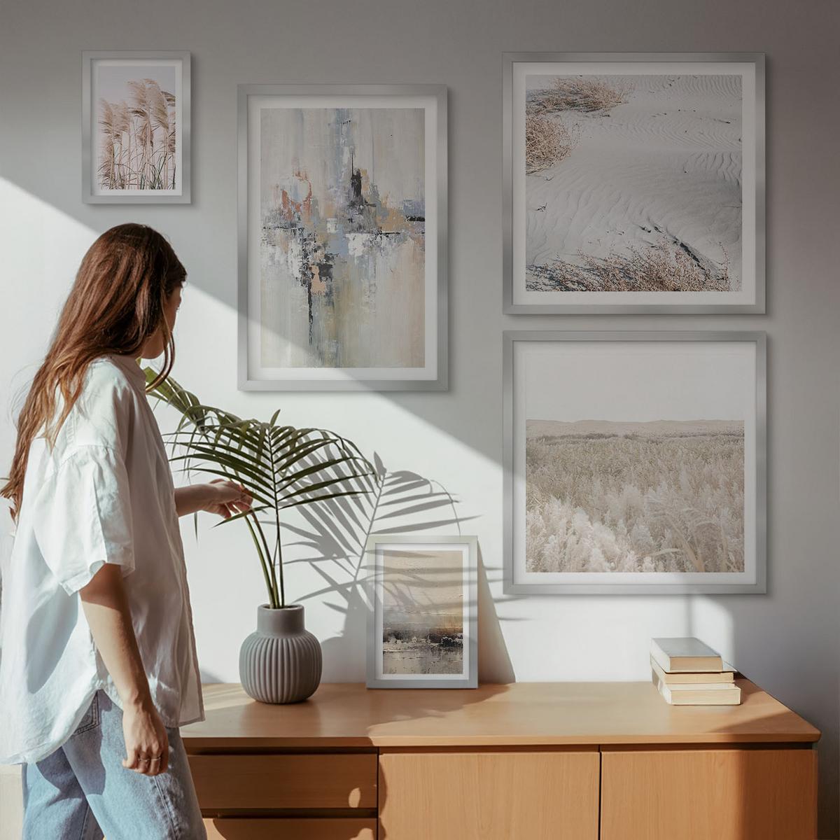 BILDER SET 5er Set - 50x50 cm & 20x30 cm & 40x60 cm Silberner Rahmen - Abstrakte Vegetationsmuster - Silberfarben, Kunststoff (40/60cm) - TULUP