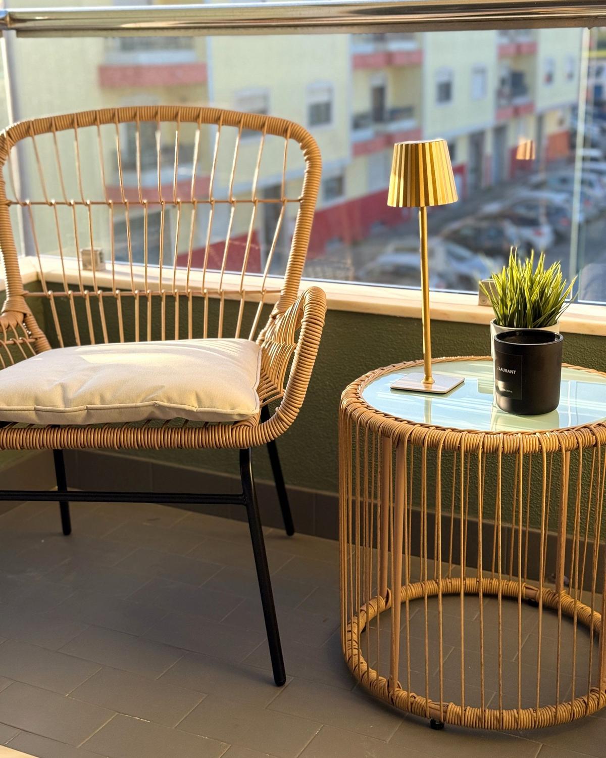 BALKONSET 2-Sitzer Rattan natürlich Auflagen hellgrau Labico - Beige/Schwarz, Kunststoff - Beliani