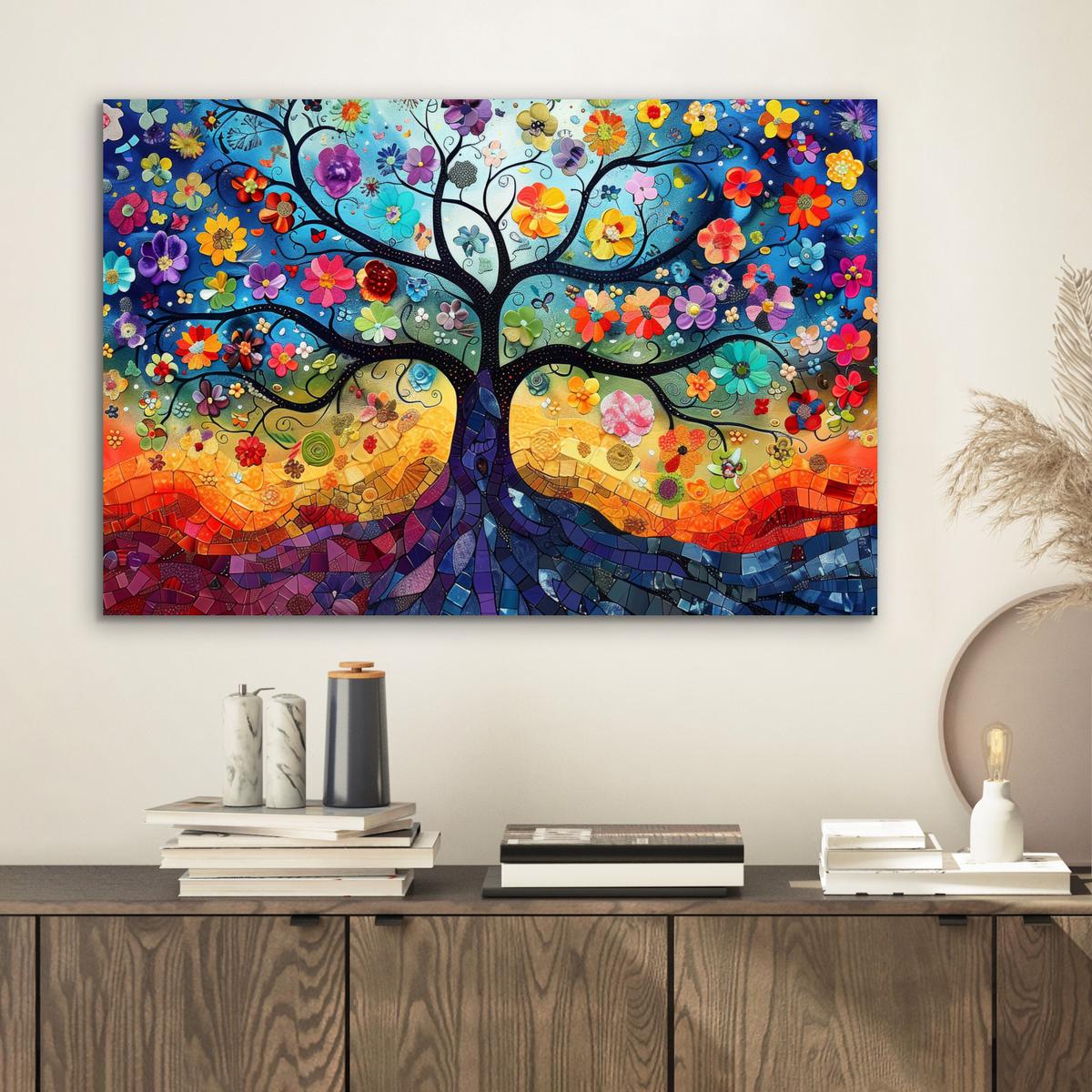 METALLBILD Kunst - Baum des Lebens - Blumen - Hippie Wandbild 60x40 cm - Dunkelblau, Metall (60/40cm) - MuchoWow