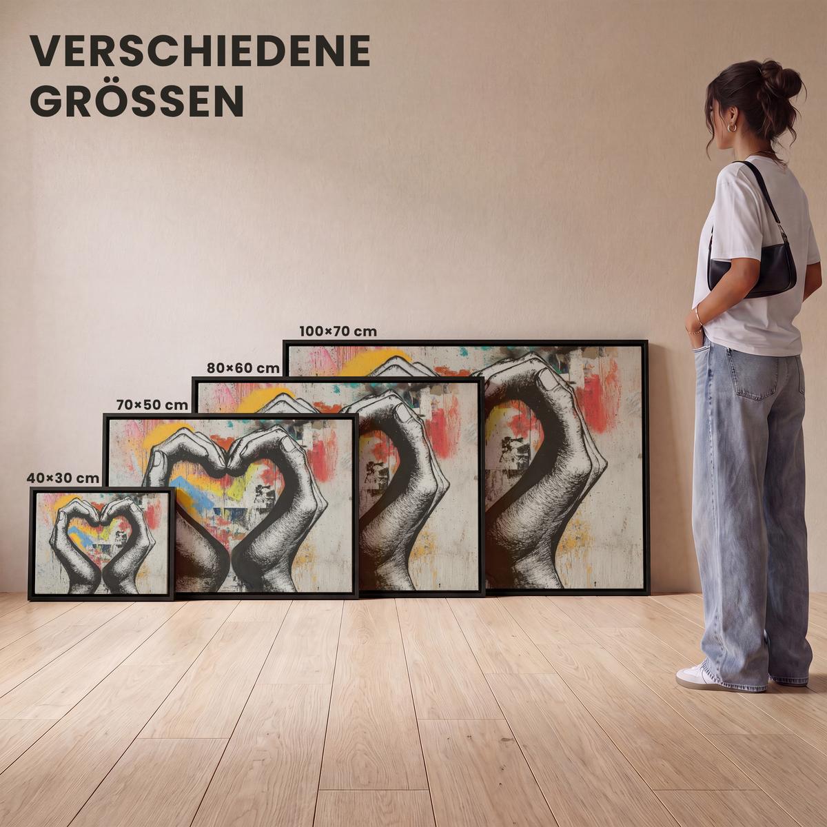 LEINWAND Bilder mit Rahmen - Hände - Herz - Straßenkunst - Graffiti - 100x70 - Multicolor, Textil (100/70cm) - MuchoWow