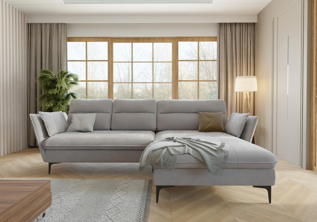ECKSOFA Mira Hellgrau Samt-Stoff - Hellgrau/Schwarz, Textil/Metall (260/168cm) - S-Style Möbel