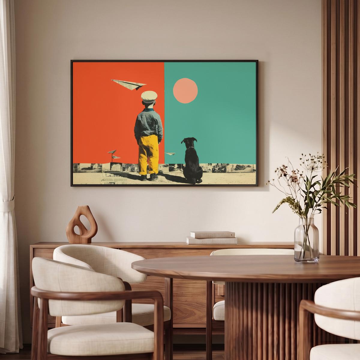 LEINWAND Bilder mit Rahmen - Retro - Junge - Hund - Rot - Grün - 90x60 - Orange, Textil (90/60cm) - MuchoWow