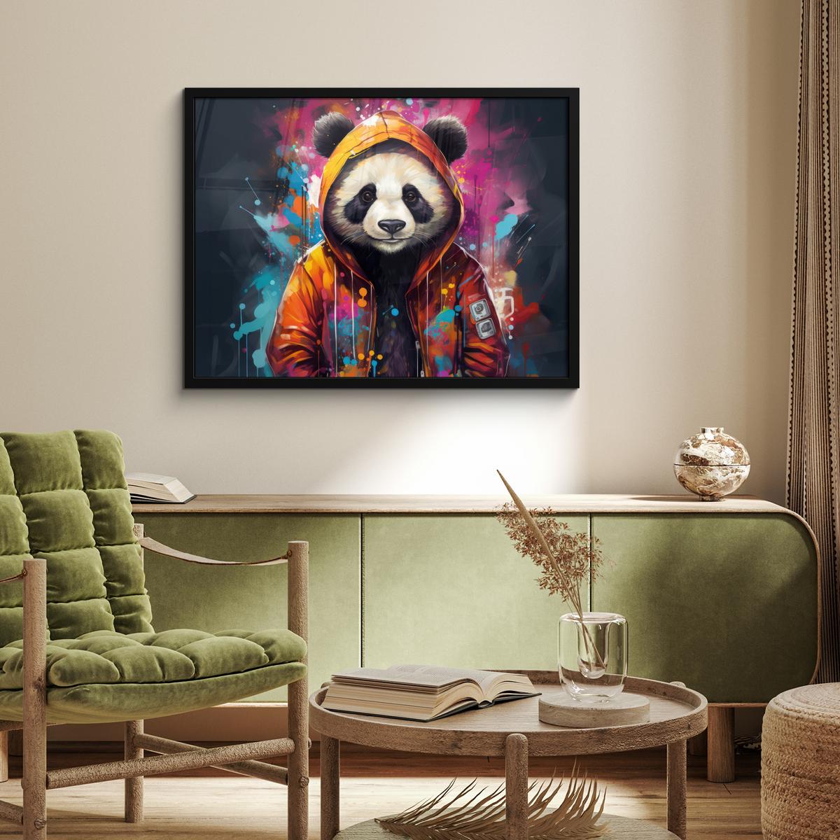 POSTER MIT RAHMENGERAHMTES BILD Panda - Jacke - Graffiti - Orange 80x60 cm - Orange, Papier (80/60cm) - MuchoWow