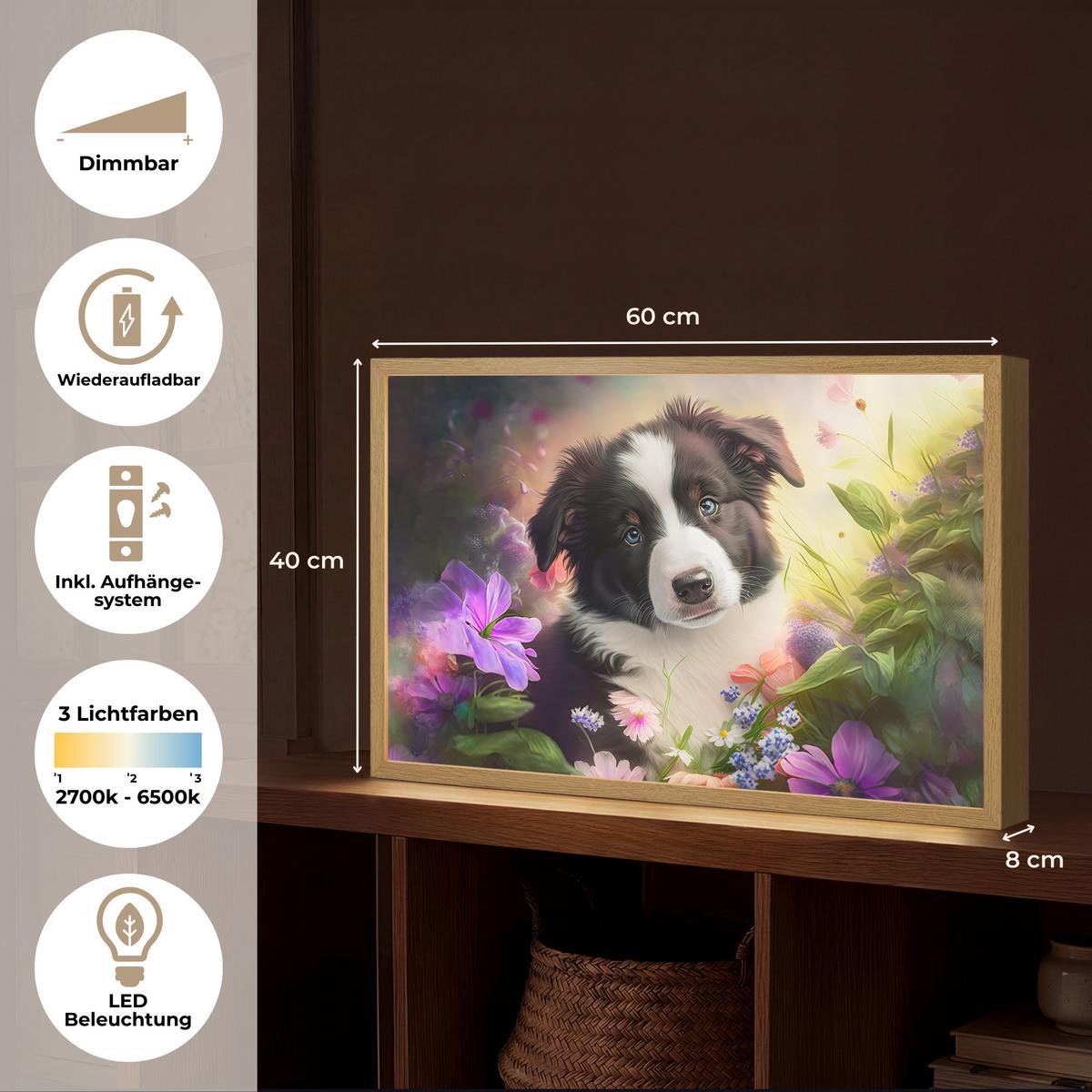 NACHTTISCHLAMPE MIT AKKU Welpe - Sonne - Blumen - Natur - Border Collie - Hund 60x40 cm - Violett, Holzwerkstoff (8/60/40cm) - OnlyWow