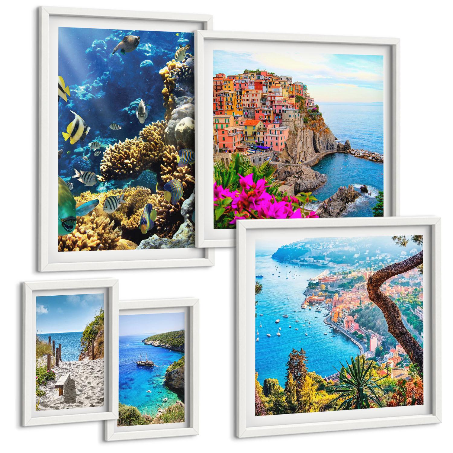 BILDER SET 5er Set - 50x50 cm & 20x30 cm & 40x60 cm Weißer Rahmen - Berglandschaften im Hintergrund - Weiß, Kunststoff (40/60cm) - TULUP