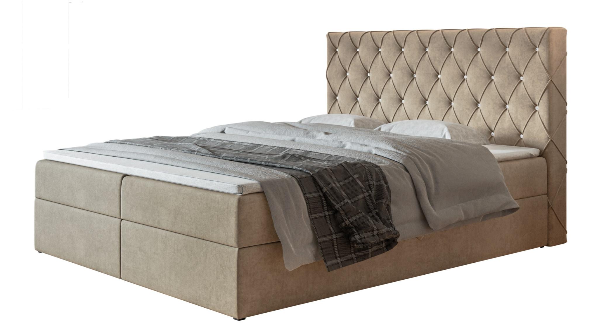 BOXBETT BOSTON mit 2 Bettkästen, 160x200, Farbe: Sand, Velourstoff, Doppelbett mit Bonell-Matratze - Sahara, Holz/Kunststoff (160/200cm) - Alpi-Möbel