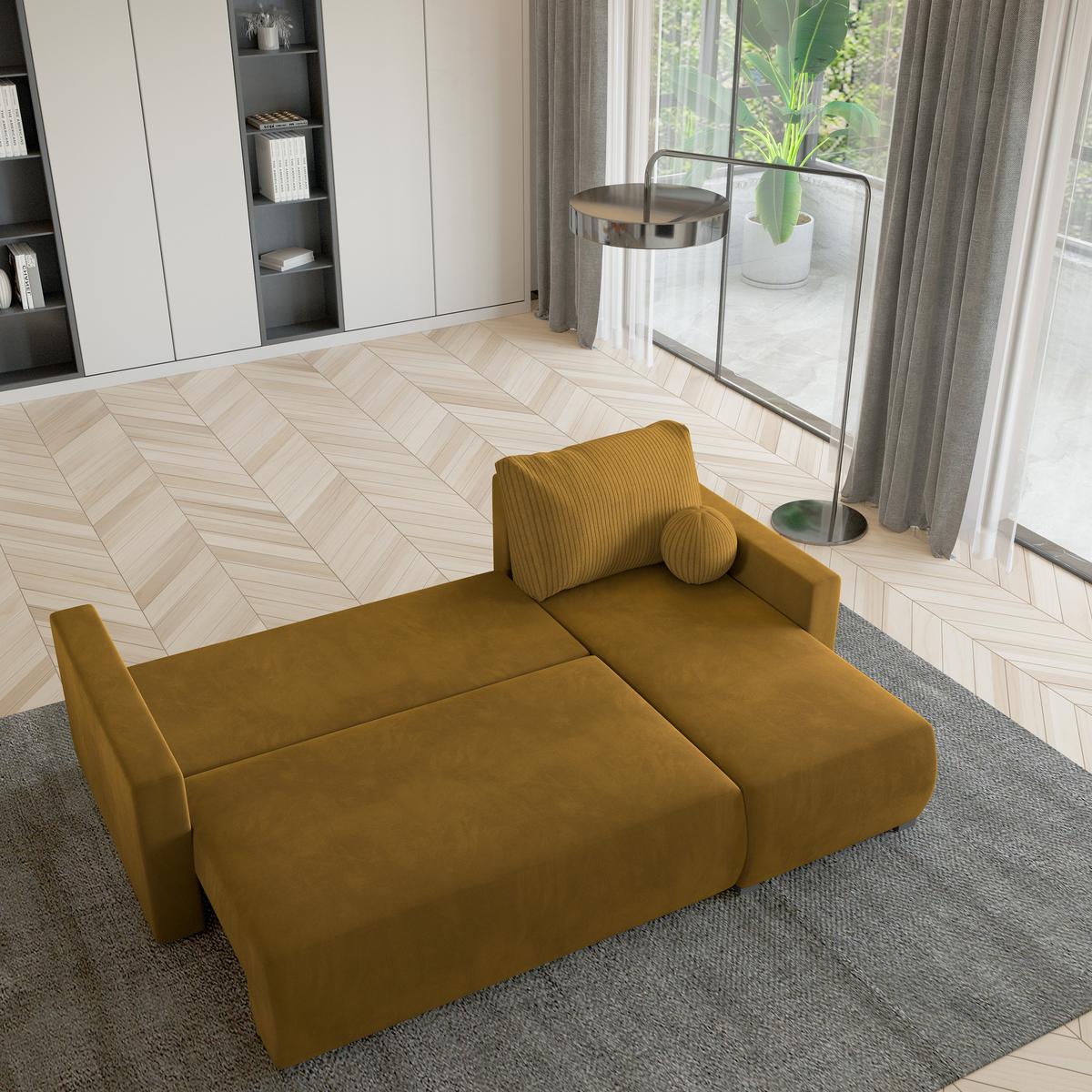 ECKSOFA SORGE Gelb Plüsch-Stoff mit Schlaffunktion - Gelb, Holz (220/143cm) - MASSENO