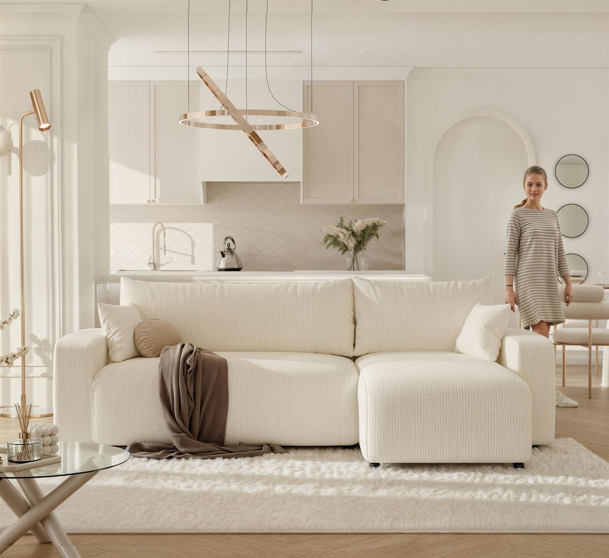 ECKSOFA Luna Mit Schlaffunktion - Creme, Holzwerkstoff/Textil (145/248cm) - Fun Möbel