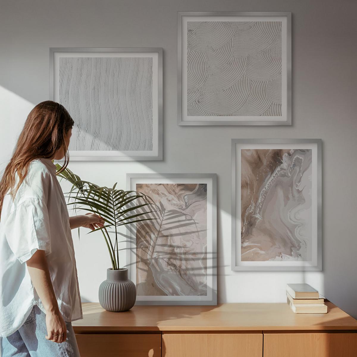 BILDER SET 4er Set - 50x50 cm & 40x60 cm Silberner Rahmen - Abstrakte Marmormuster aus Stein - Silberfarben, Kunststoff (50/50cm) - TULUP