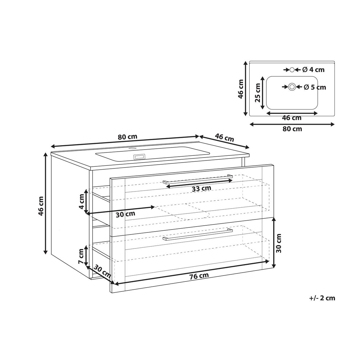 WASCHBECKENUNTERSCHRANK wandmontiertk mit Waschbecken Hellbraun Tarija - Hellbraun, Holzwerkstoff (80/46/91.5cm) - Beliani