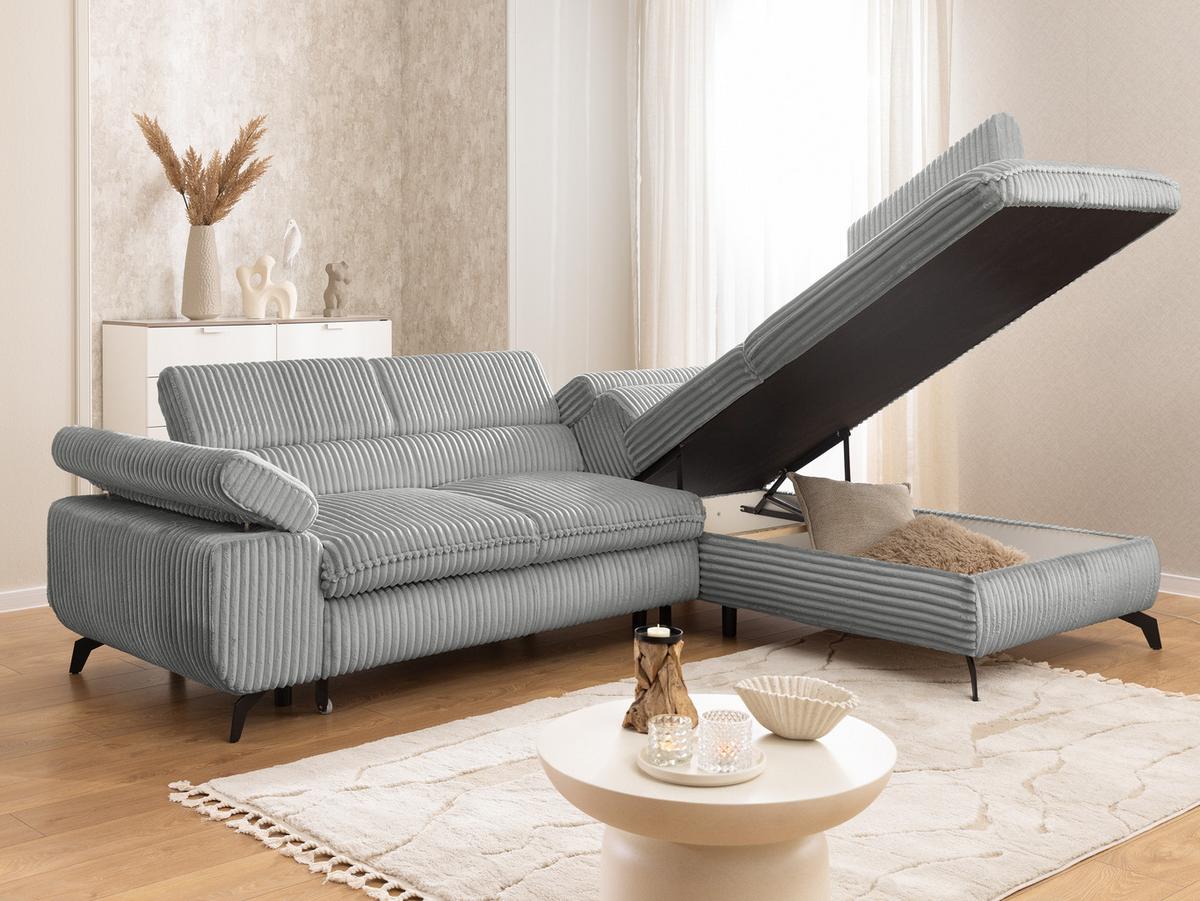ECKSOFA mit Schlaffunktion und Bettkasten Bonnie aus Hellgrau Cord-Stoff mit verstellbaren Kopfstützen und Armlehne - Ottomane rechts - Hellgrau/Schwarz, Holz/Textil (275/210cm) - S-Style Möbel