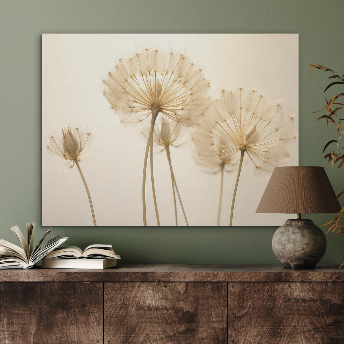 AKUSTIKBILD Sonnenlicht - Löwenzahn - Botanisch - Blumen Gemälde 80x60 cm - Creme, Kunststoff (80/60/0.9cm) - MuchoWow