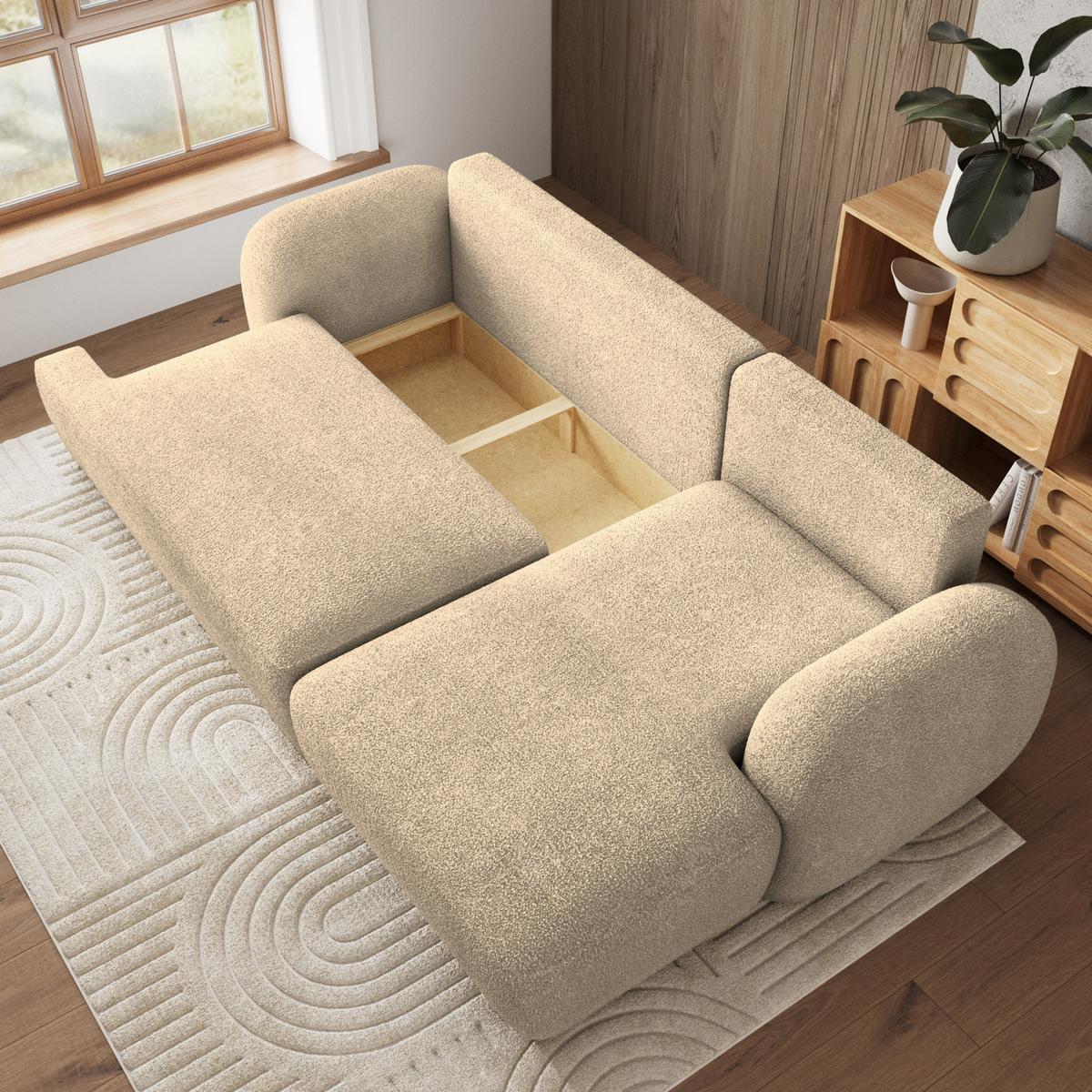 ECKSOFA MODENZA N R-S Creme Boucle-Stoff mit Schlaffunktion - Creme/Schwarz, Holz/Kunststoff (266/148cm) - MASSENO