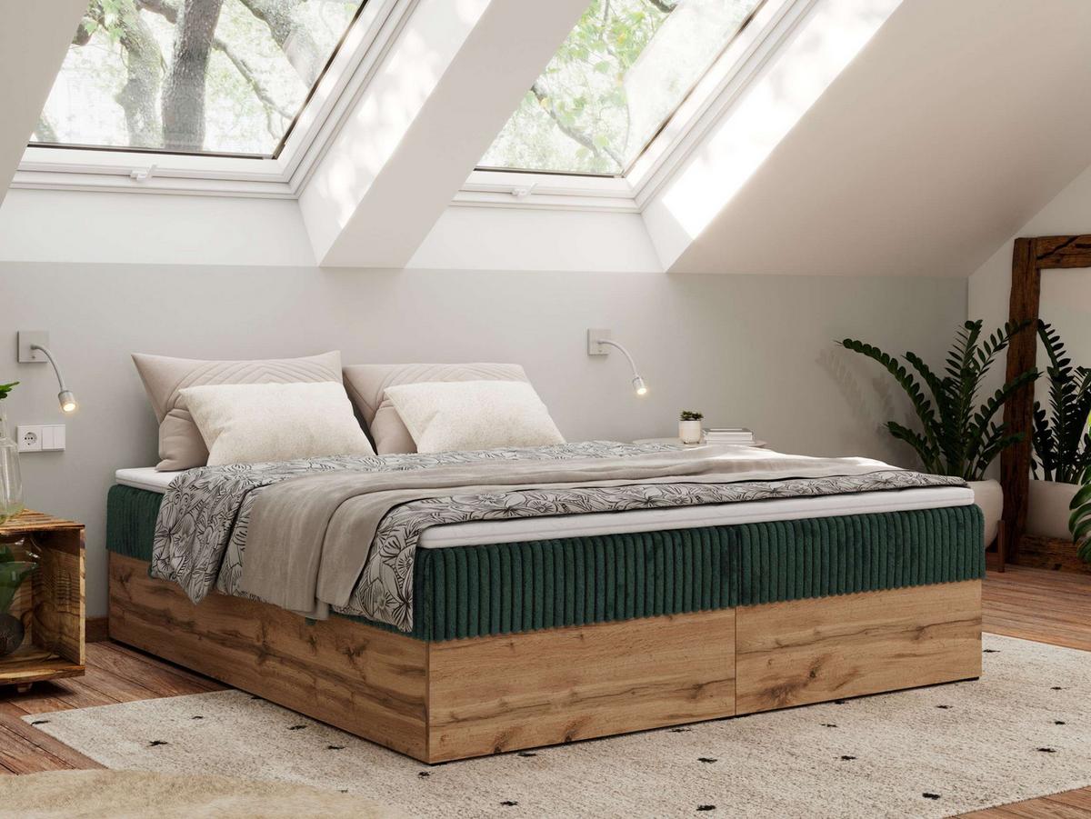 BOXBETT WOOD ZERO 180/200 - Dunkelgrün Cord - H3 - Topper Visco - Dunkelgrün, Textil (180/200cm) - MKS