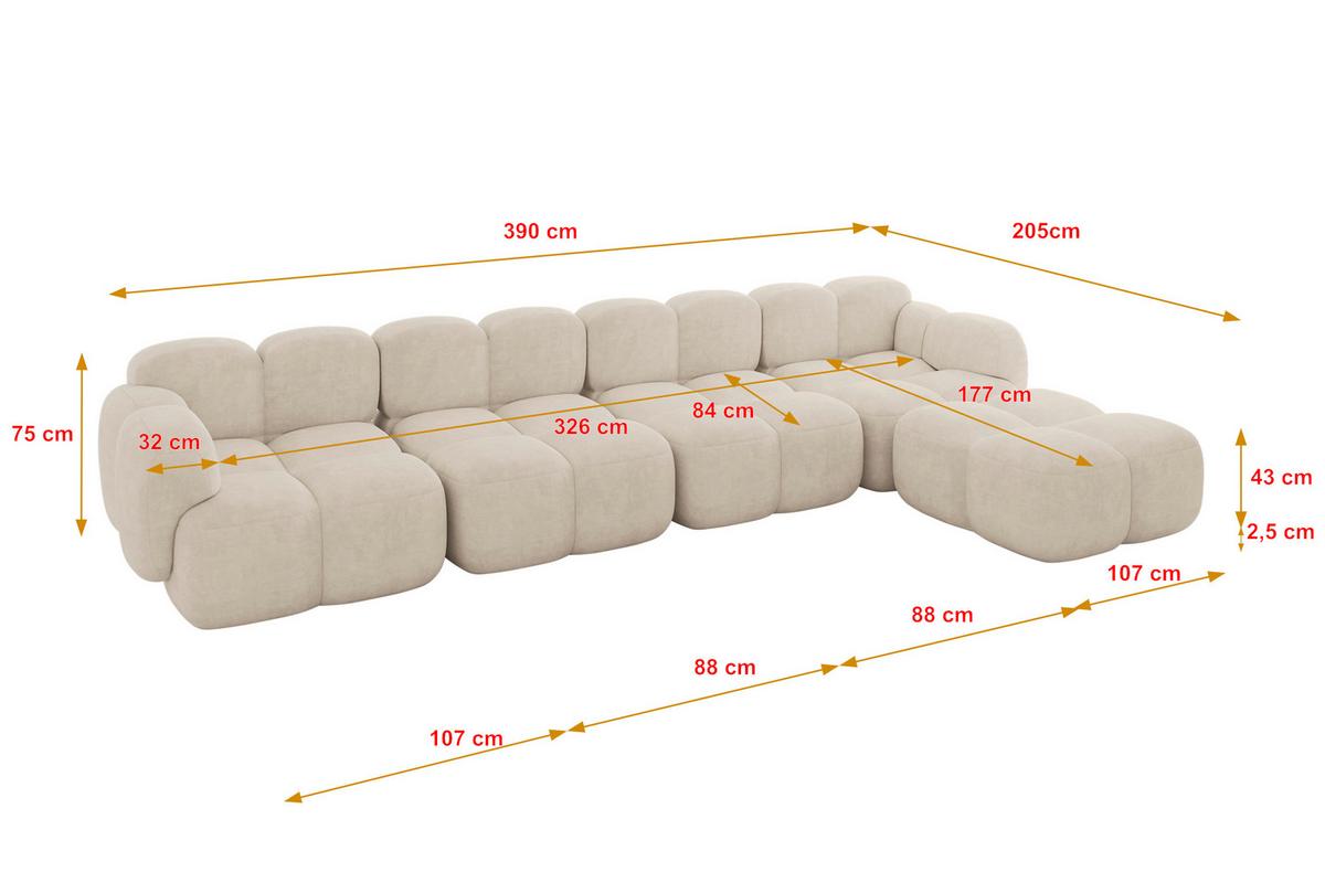 ECKSOFA modulares Sofa Rechts Miko-L3 390x205x75 Beige Velours - Ecru/Schwarz, Holzwerkstoff/Kunststoff (390/205cm) - ALTDECOR