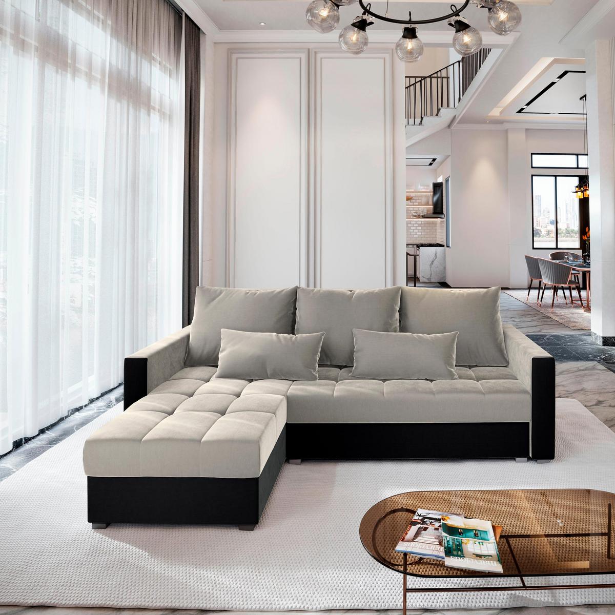 ECKSOFA KOS PIK Beige Plüsch-Stoff mit Schlaffunktion - Beige/Schwarz, Holz/Kunststoff (220/140cm) - MASSENO