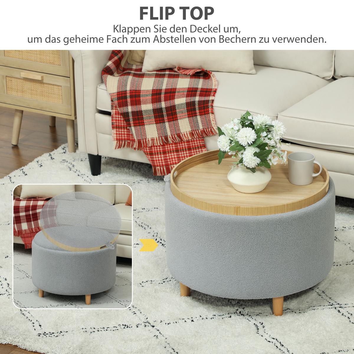 SITZHOCKER Ottomane mit Stauraum Runder Polsterhocker mit Klappdeckel, Grau - Naturfarben/Grau, Eichenholz/Kunststoff (56/42/56cm) - HOMCOM