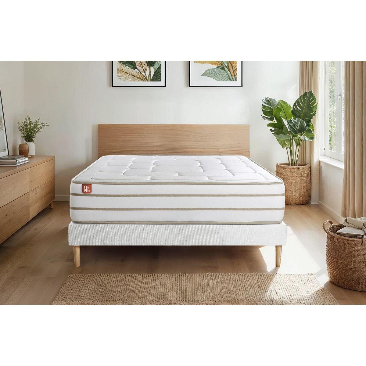 BETT Le Douillet Memory-Schaum 160 x 200 cm h1 - Kit Bettgestell Weiß - Mit Kissen und Bettdecke - Beige/Weiß, Karton/Holz (160/200cm) - Marmottes & Co