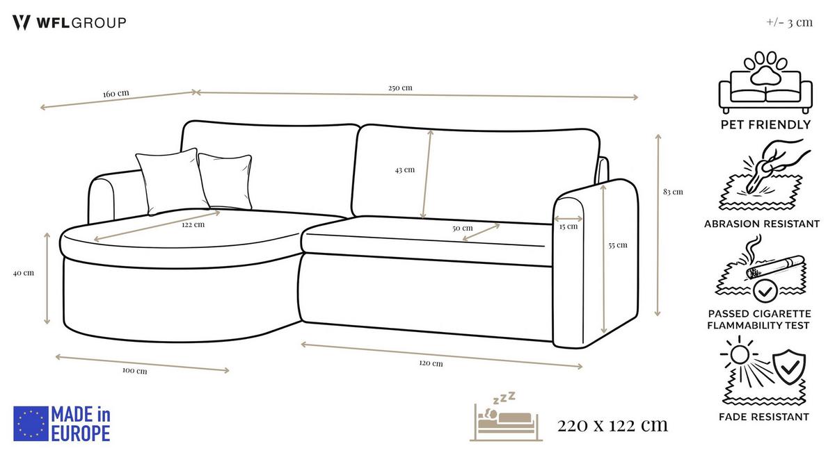 ECKSOFA Cora mit Schlaffunktion & Stauraum, Universell Rechts/Links, Beige Cord Chenille 250/82/160 cm - Beige/Schwarz, Kunststoff/Textil (250/160cm) - WFL GROUP