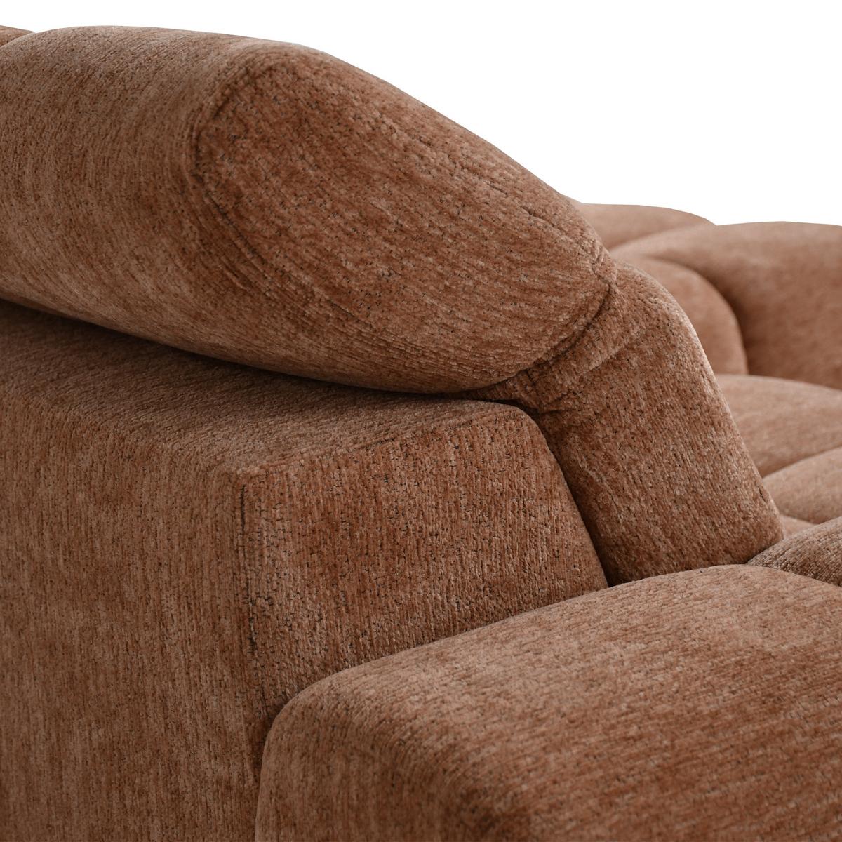 ECKSOFA Marco Mini mit elektrisch ausfahrbarem Sitz und verstellbaren Kopfstützen, Links, Chenille-Stoff, Dunkelorange - Dunkelorange/Schwarz, Textil (275/182cm) - Beautysofa