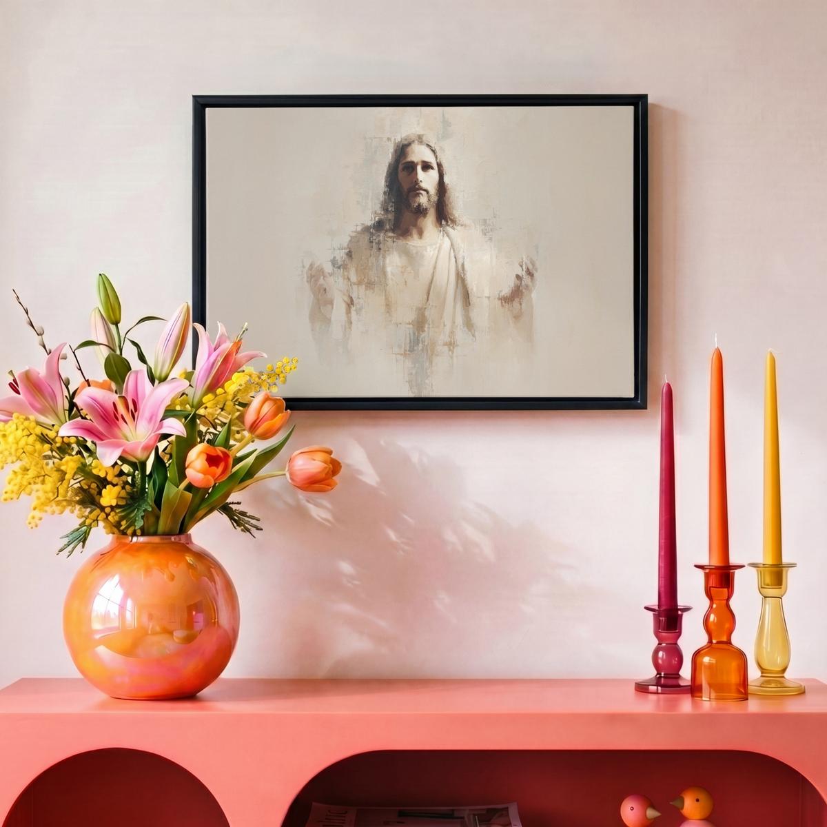 LEINWAND Bilder mit Rahmen - Porträt - Abstrakt - Jesus - Beige - 30x20 - Beige, Textil (30/20cm) - MuchoWow