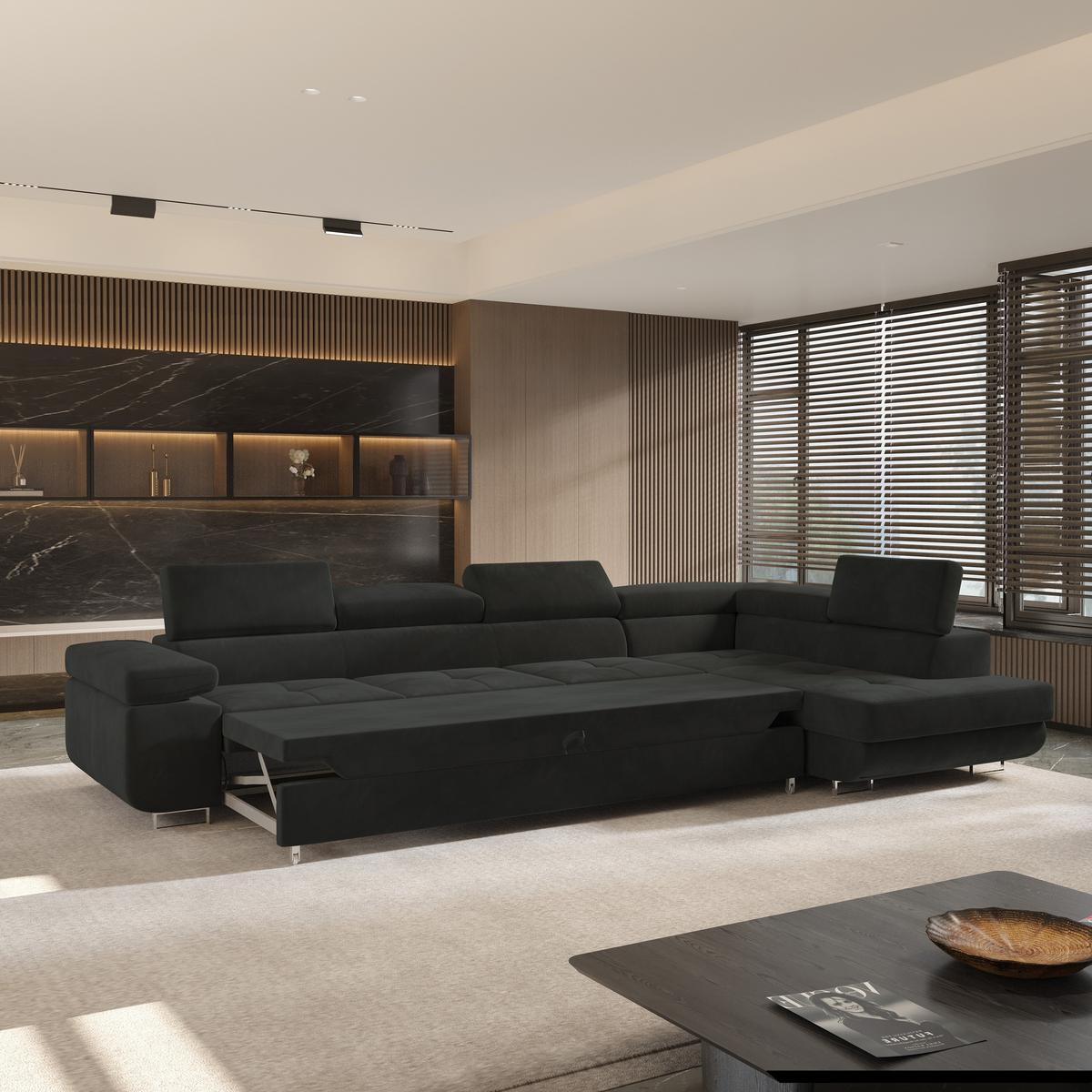 ECKSOFA VICENTE Schwarz Velours-Stoff mit Schlaffunktion - Schwarz, Holz (346/202cm) - MASSENO
