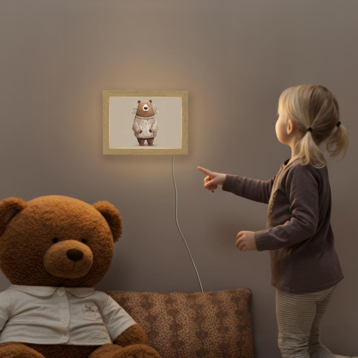 NACHTTISCHLAMPE Bär - Weiße Blumen - Gemütlich 20x15 cm - Taupe, Holzwerkstoff (8/20/15cm) - OnlyWow