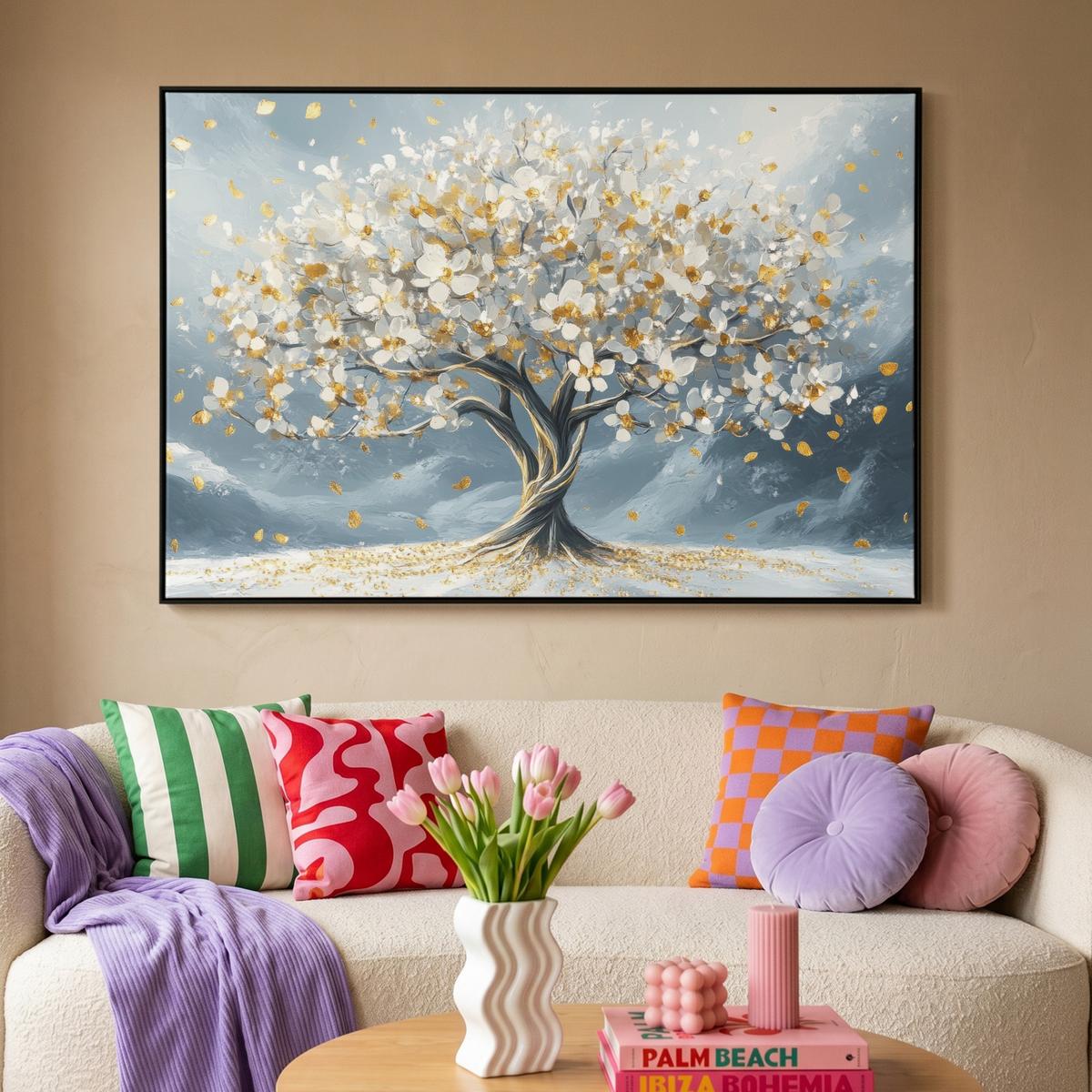 LEINWAND Bilder mit Rahmen - Baum - Winter - Baum des Lebens - Modern - Gold - 120x80 - Goldfarben, Textil (120/80cm) - MuchoWow