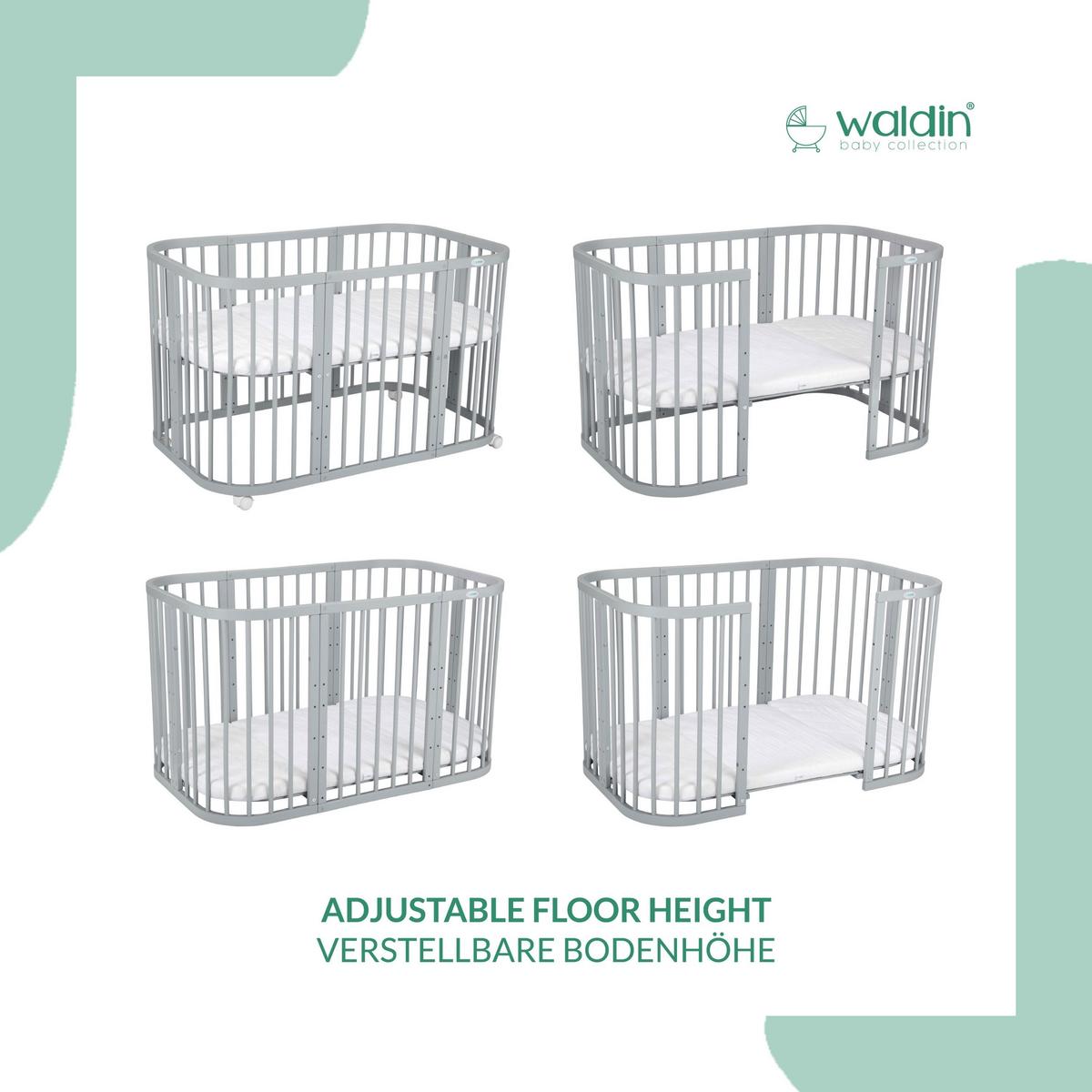 BABYBETT GREY, 7in1 mit Matratze - Rosa/Grau, Holz (73/123cm) - waldin