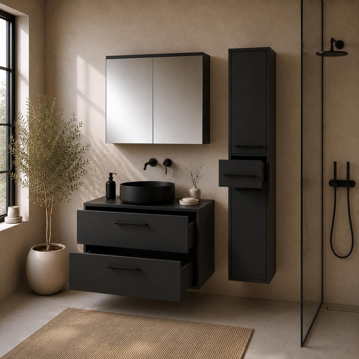 BADMÖBEL-SET Florence 3 Teile Matt schwarz - 80 x 46 x 46 cm - Schwarz, Holz (80/46/46cm) - Badplaats
