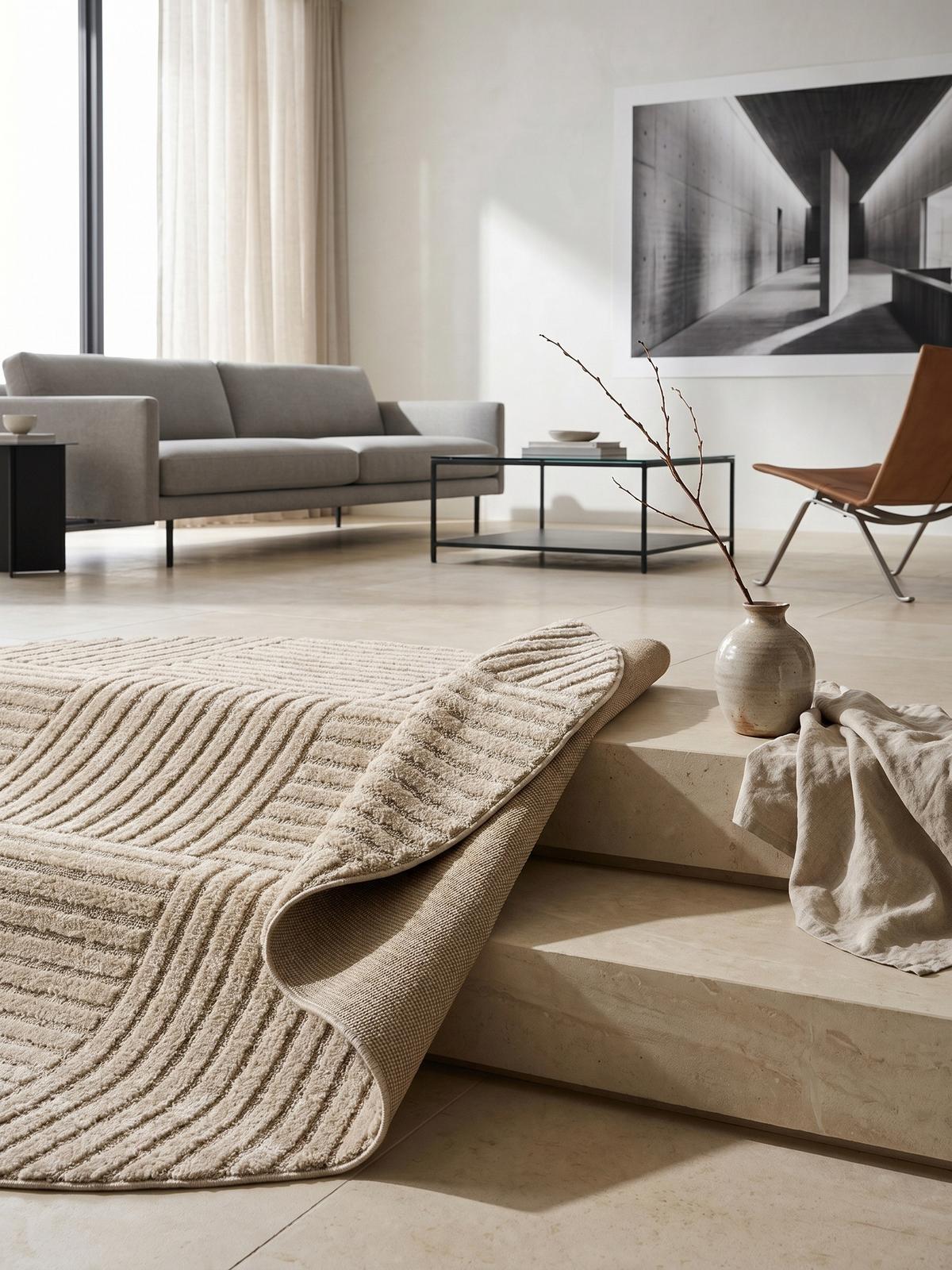 TEPPICH Hochflor RIGI in Beige, mit Cord-Streifen-Patchwork, Ø 120 cm - Beige, Textil (120/120cm) - KADIMA DESIGN