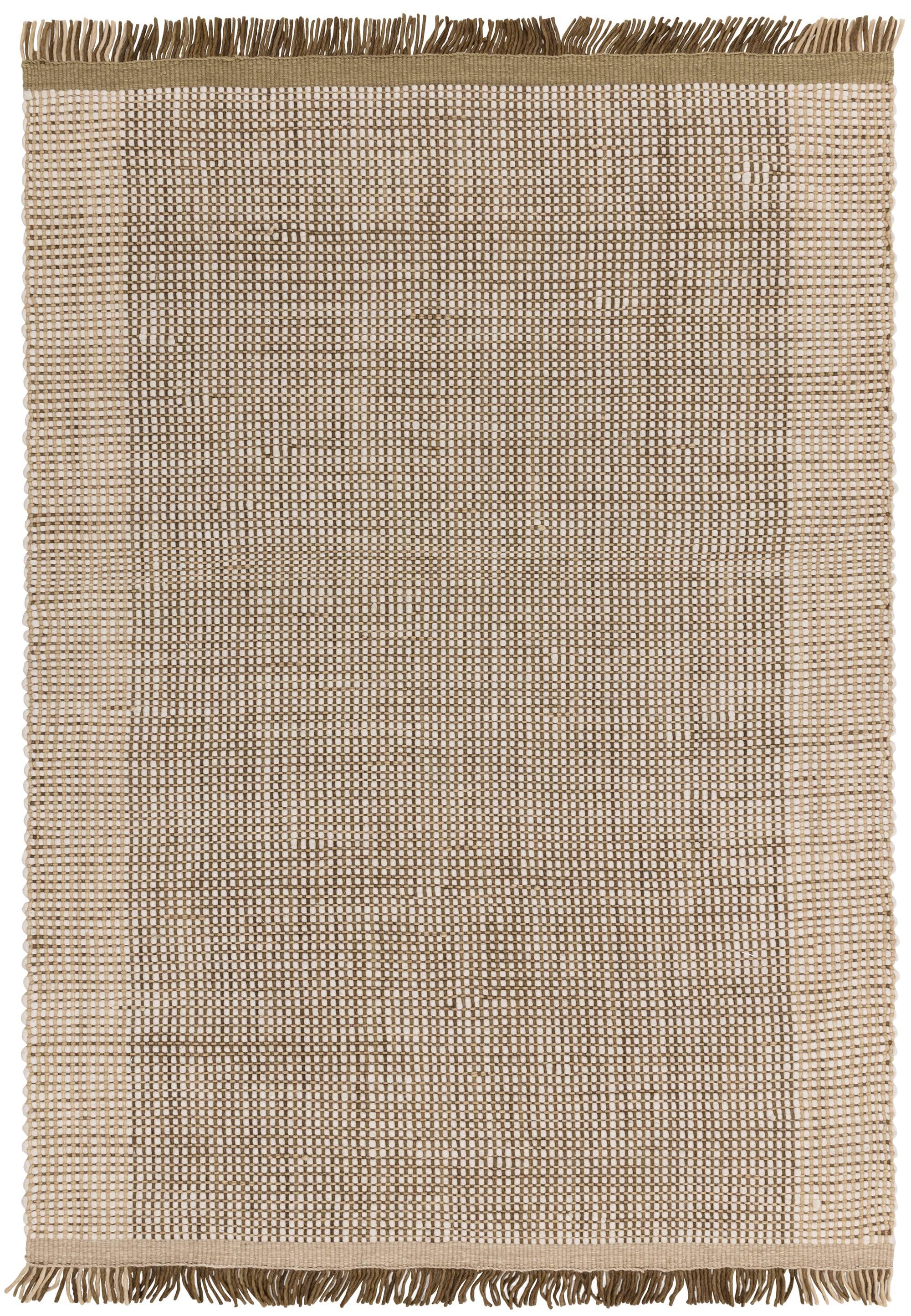WOLLTEPPICH handgewebt mit Fransen PISA, geometrisch, Olivgrün, 160 x 230 cm - Beige, Textil (230/160cm) - KADIMA DESIGN