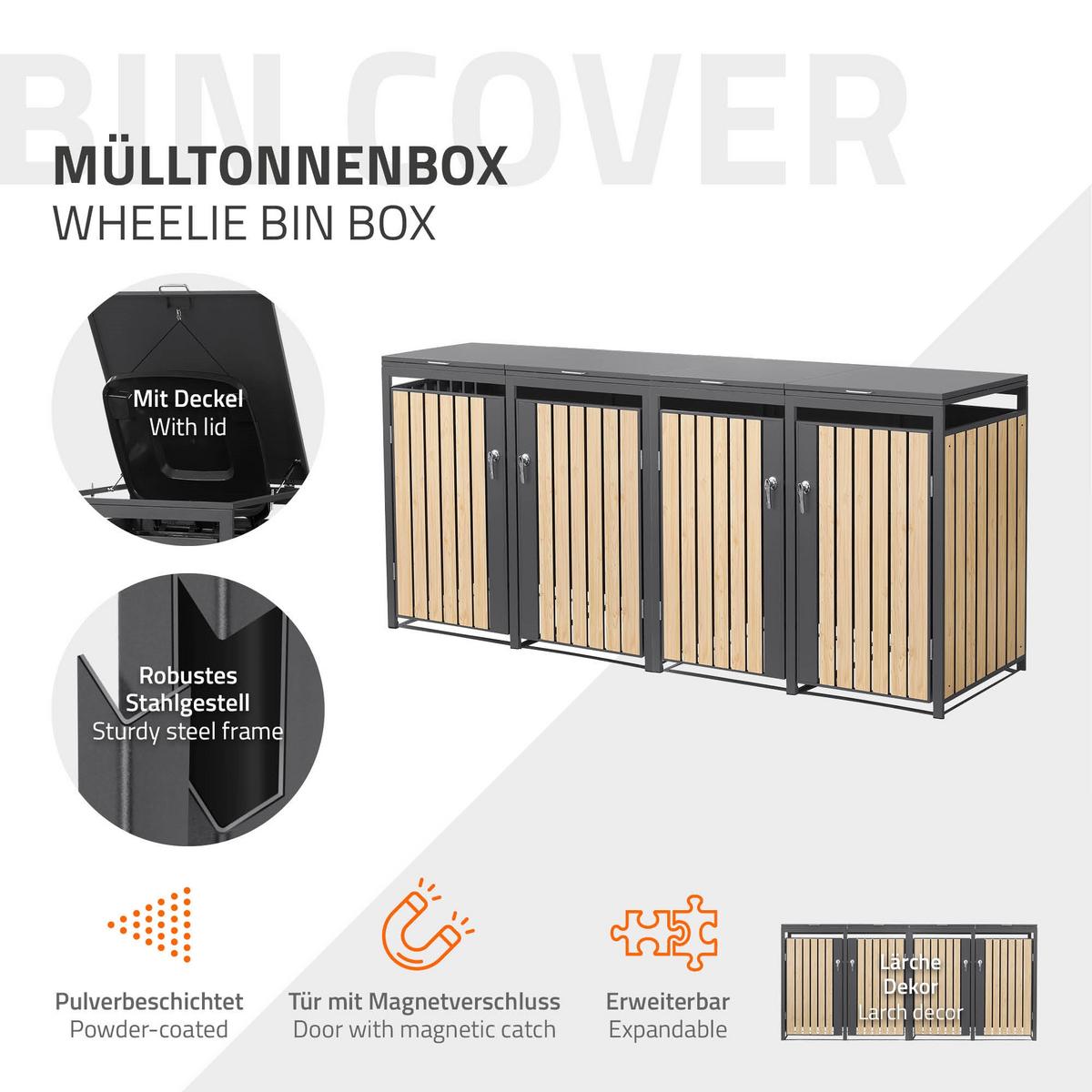 MÜLLTONNENBOX 4er Anthrazit-Holzoptik - Naturfarben, Metall (264/120/80cm) - ML-DESIGN