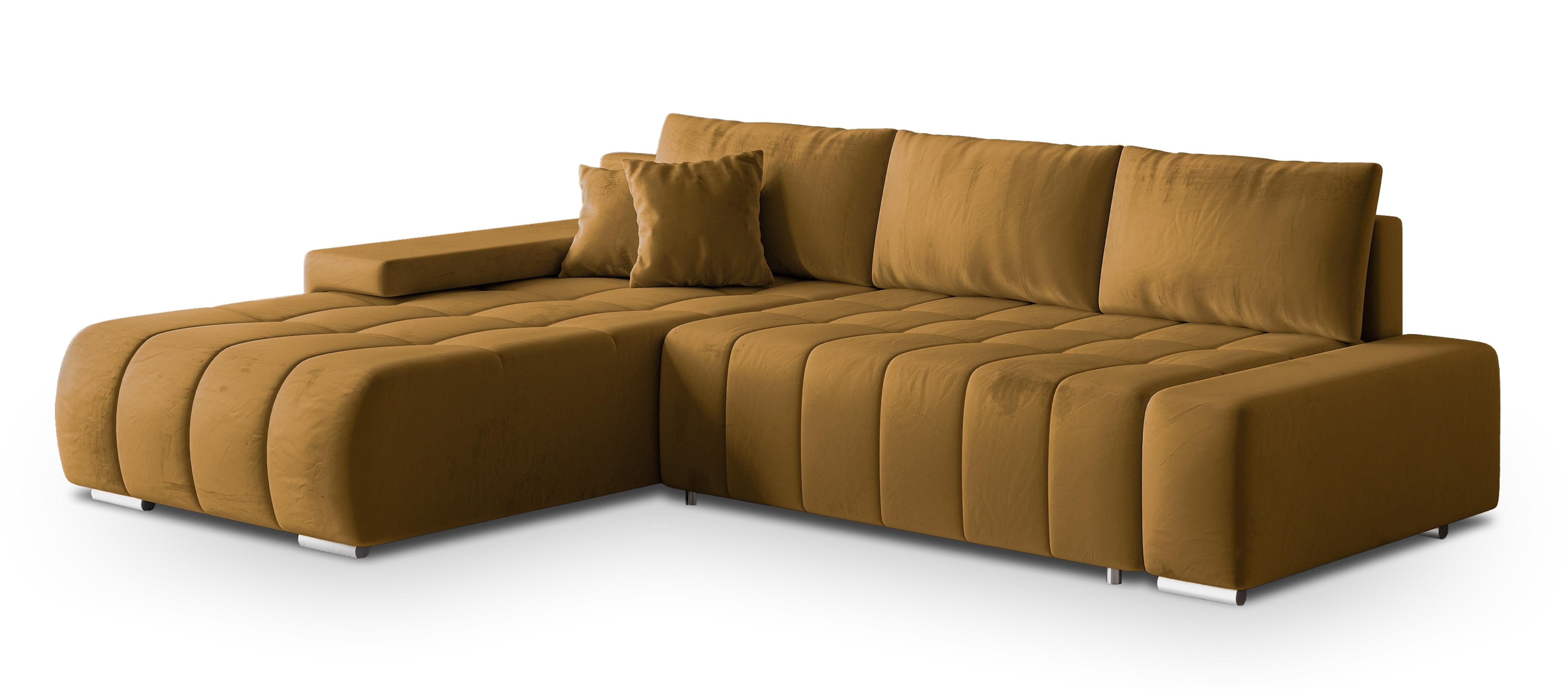 ECKSOFA ALESE L-S Gelb Velours-Stoff mit Schlaffunktion - Gelb/Silberfarben, Holz/Textil (265/185cm) - MASSENO