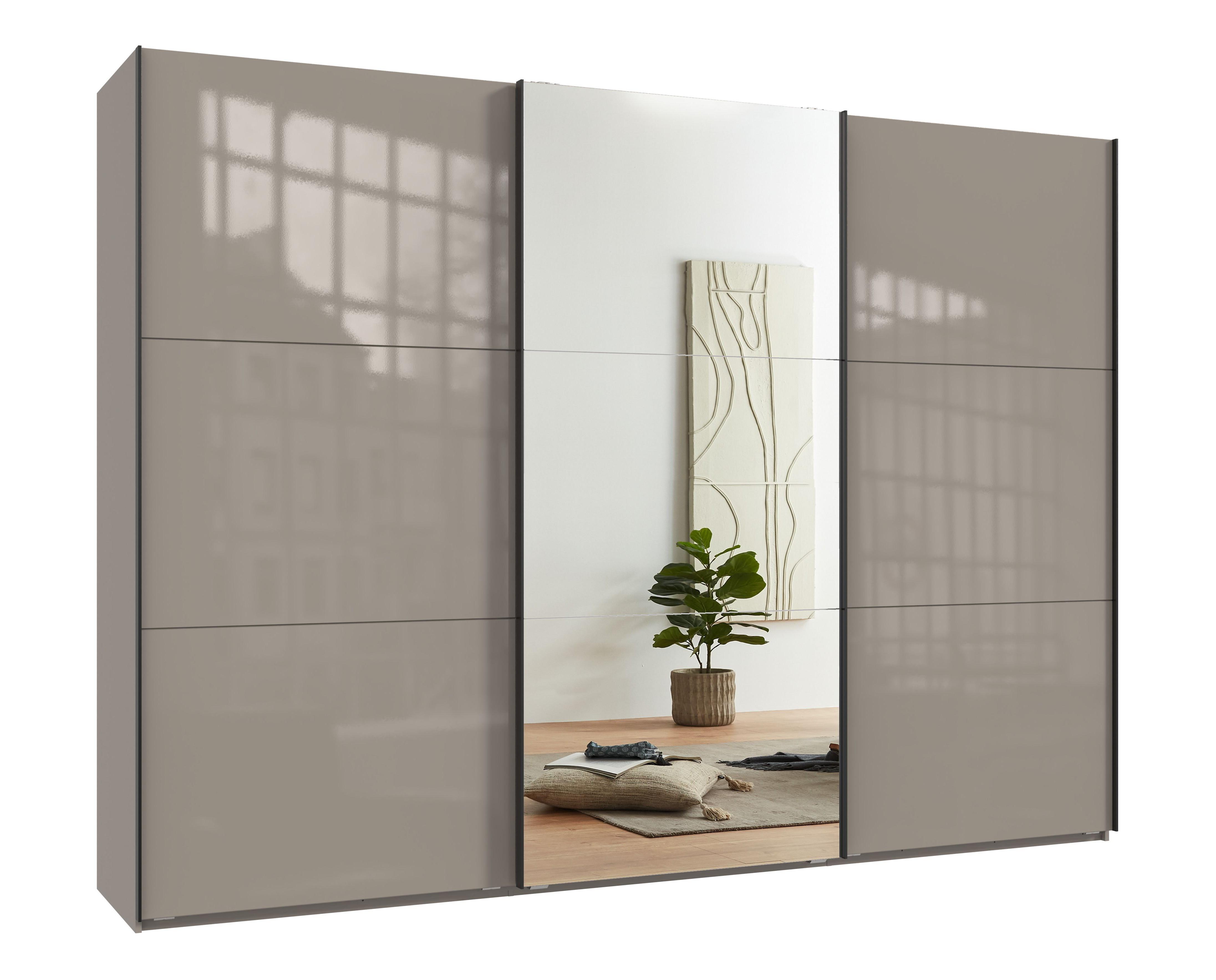 SCHWEBETÜRENSCHRANK 3-türig B300/H216/T65 cm in Sandgrau mit Glasfront, eine Spiegeltür, Kleiderschrank inkl. Vollausstattung / 22040 - Sandfarben/Eichefarben, Holzwerkstoff/Metall (300/216/65cm) - luma-home