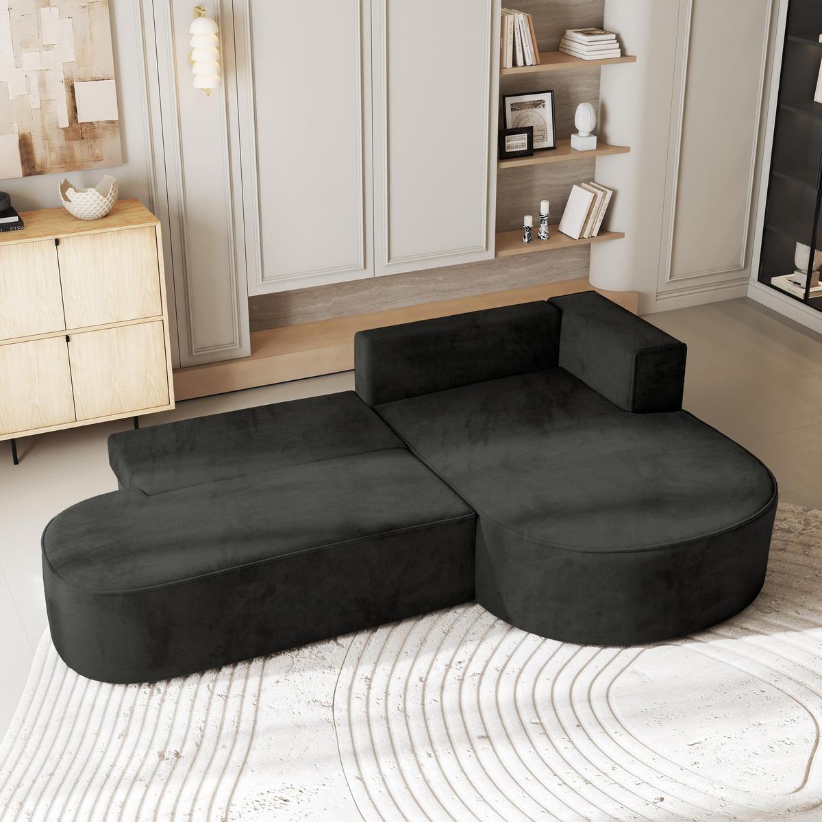 ECKSOFA CORTIO M R-S Schwarz Velours-Stoff mit Schlaffunktion - Schwarz/Grau, Holz/Kunststoff (265/174cm) - MASSENO