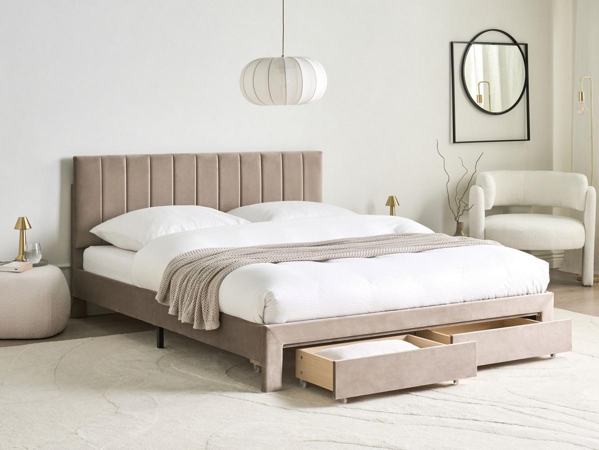 BETT mit Schubladen 160/200 cm Samtstoff Taupe Lonzac - Taupe, Textil (160/200cm) - Beliani