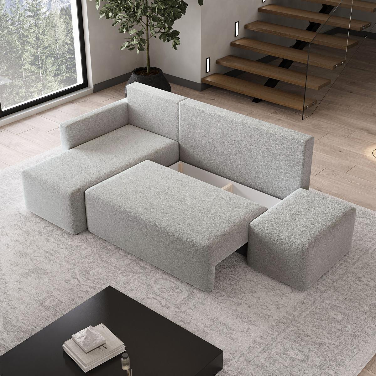 ECKSOFA VELOTTI L-S Hellgrau Boucle-Stoff mit Schlaffunktion - Hellgrau, Holz (261/143cm) - MASSENO
