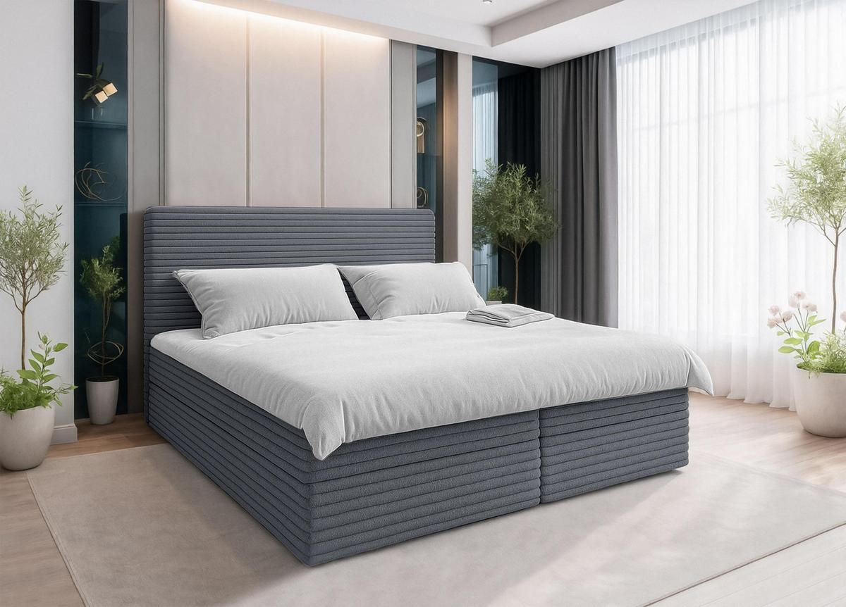 BOXBETT SEVDAYLA 140x200 cm mit Bettkasten und Matratze - Grau + TOPPER - Schwarz/Grau, Holz/Holzwerkstoff (140/200cm) - AX Living