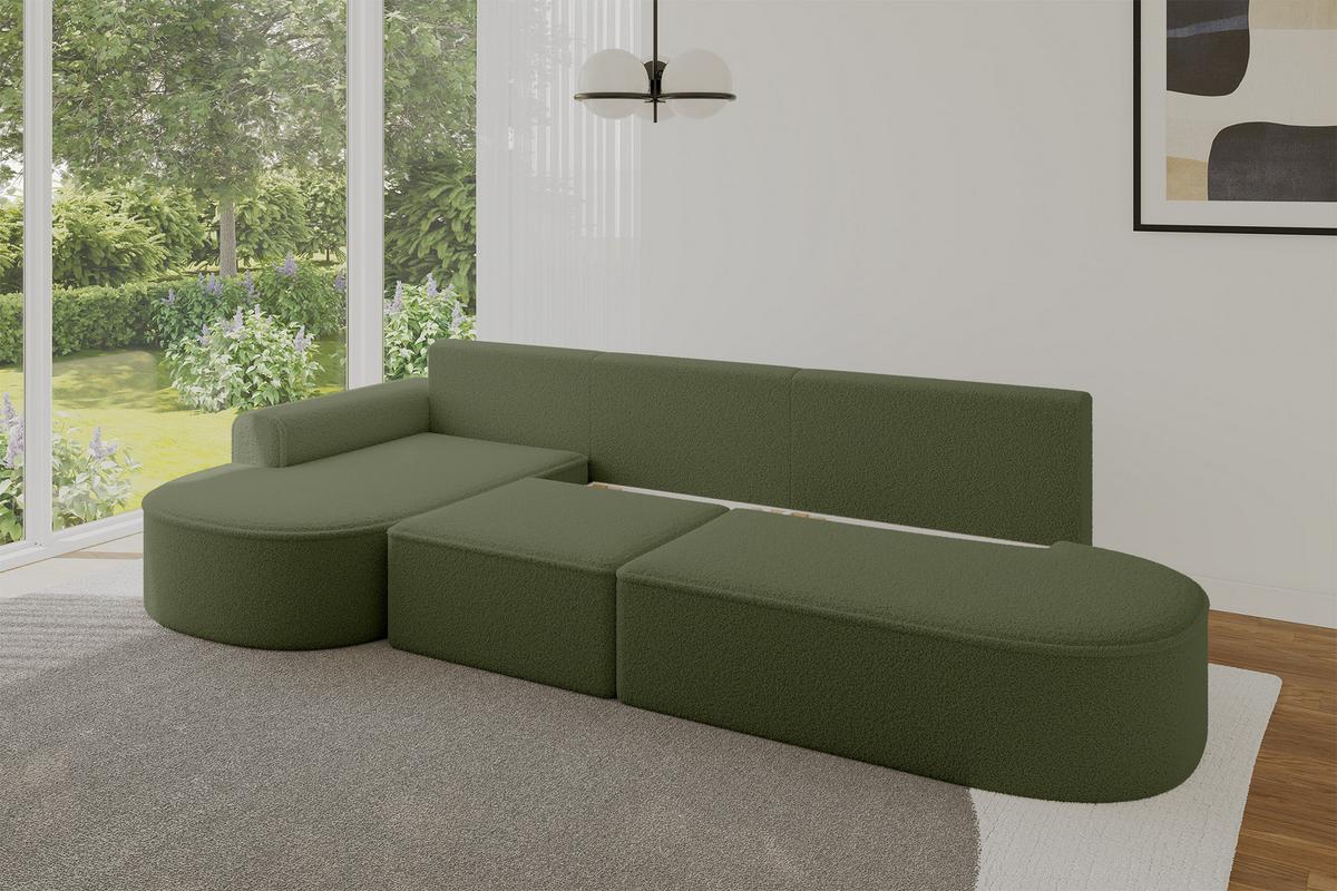 ECKSOFA mit Schlaffunktion Ottomane Links MARI L2-S 368X167X85 Grün Bouclé - Schwarz/Grün, Holzwerkstoff/Kunststoff (368/167cm) - ALTDECOR