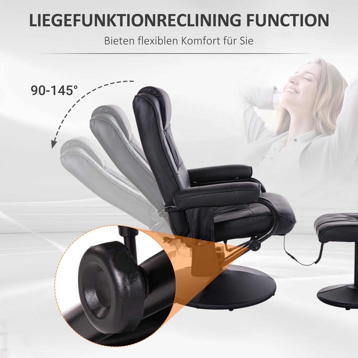 MASSAGESESSEL mit Hocker, Relaxsessel mit Liegefunktion, Massagefunktion Schwarz - Schwarz, Leder/Kunststoff (84/95/77cm) - HOMCOM
