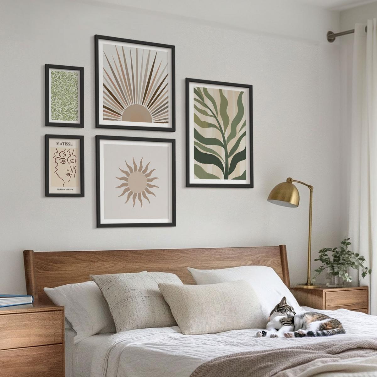 BILDER SET 5er Set - 50x50 cm & 20x30 cm & 40x60 cm Schwarzer Rahmen - Abstrakte Pflanzenmuster - Schwarz, Kunststoff (40/60cm) - TULUP