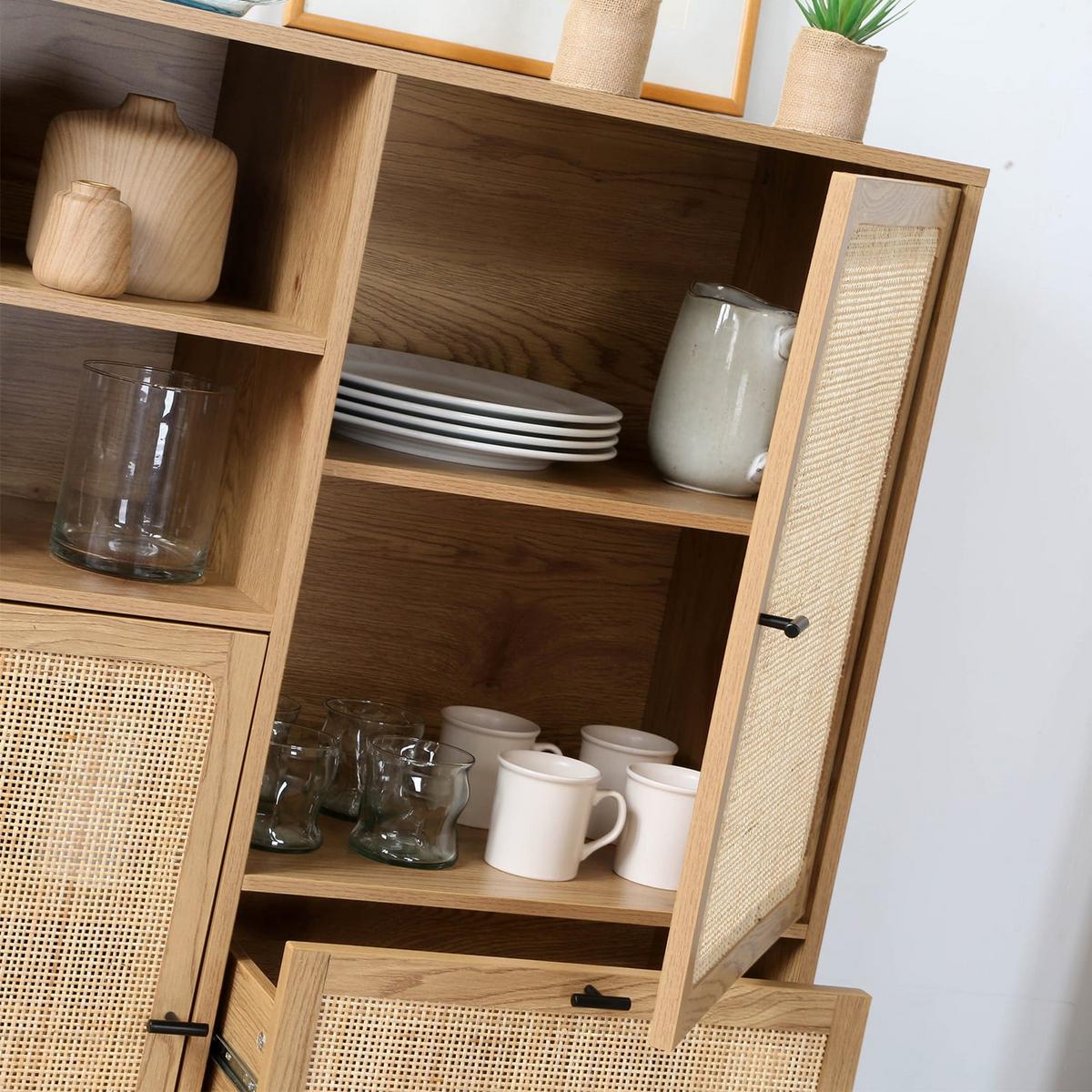 HOHE Buffetschrank mit Rattanfronten - L100 x H120 cm - JAYA - Eschefarben, Holzwerkstoff (40/120/55cm) - Calicosy