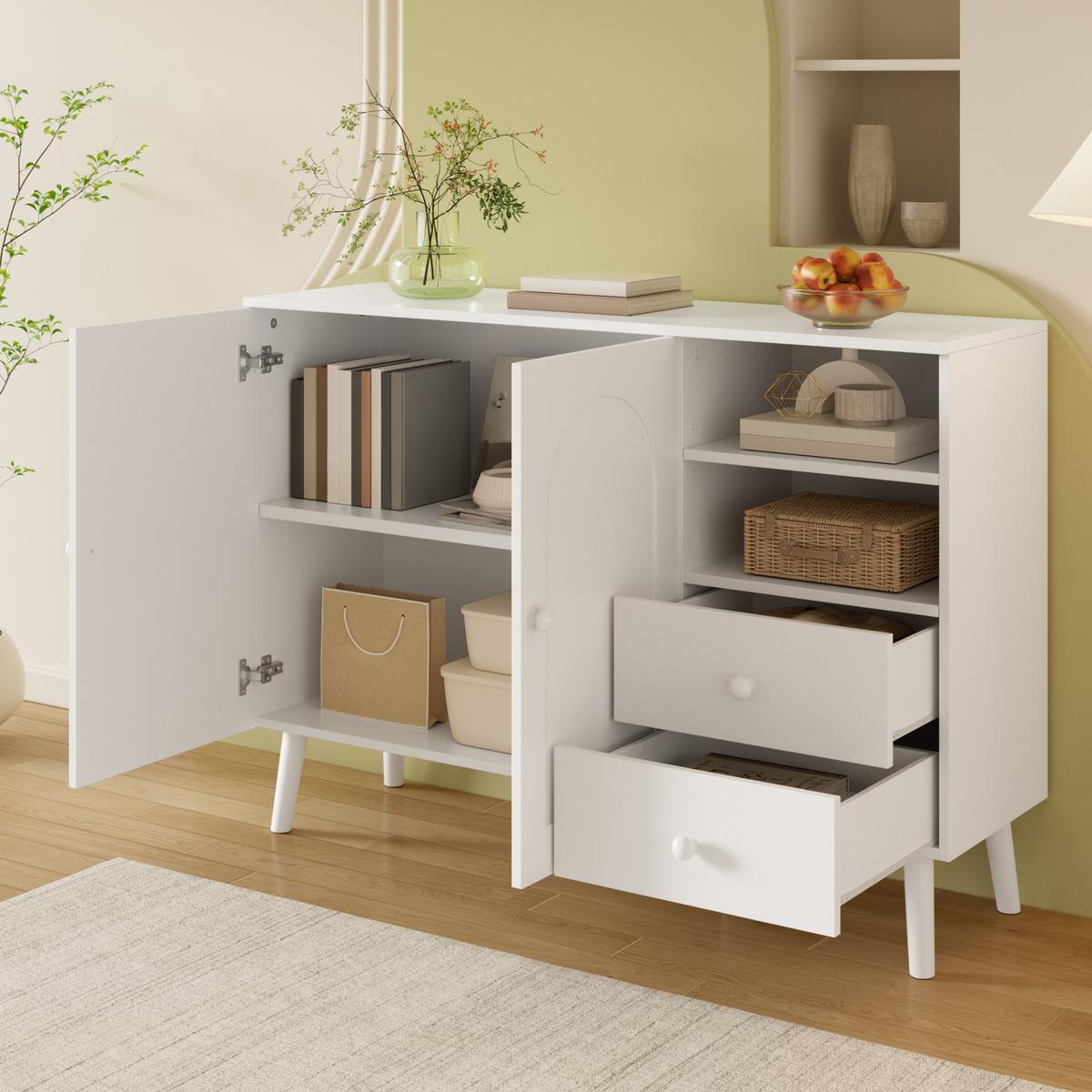 SIDEBOARD 118cm mit gewölbten Türen, 2 Schubladen, für Wohnzimmer - Weiß, Holzwerkstoff (118/82/35cm) - Urban Meuble