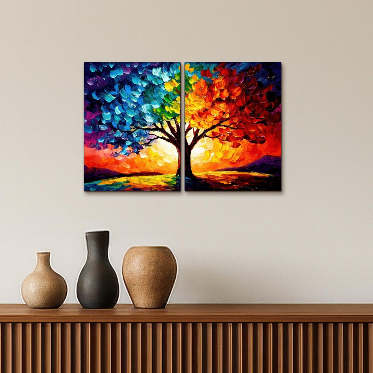 LEINWANDBILD 2er Set Baum - Farbenfroh - Malerei-Look - Abstrakt 60x40 cm - Multicolor, Textil (60/40cm) - MuchoWow